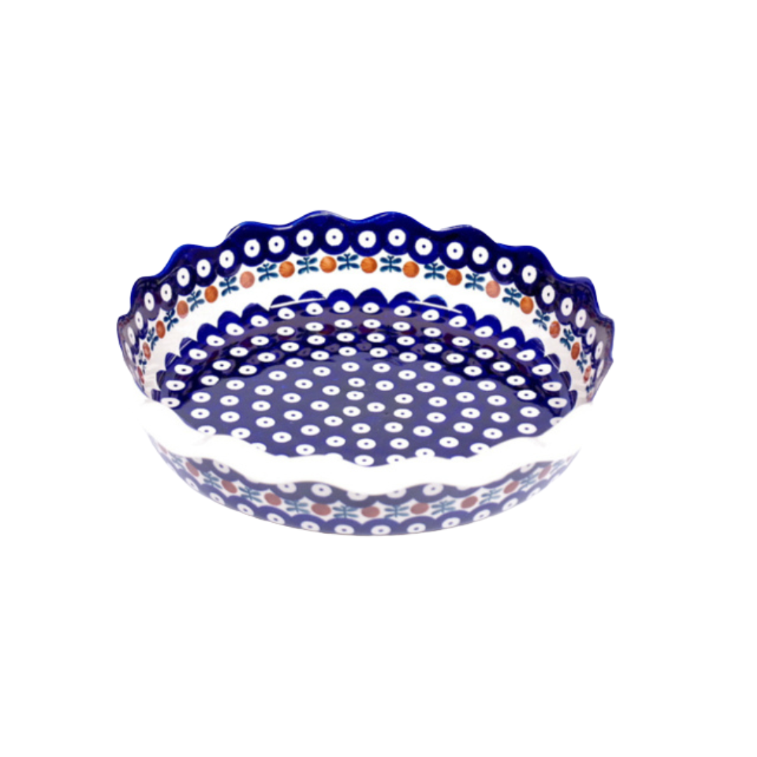 Ovenschaal rond met golfrand 27cm - blauw oogje met strik