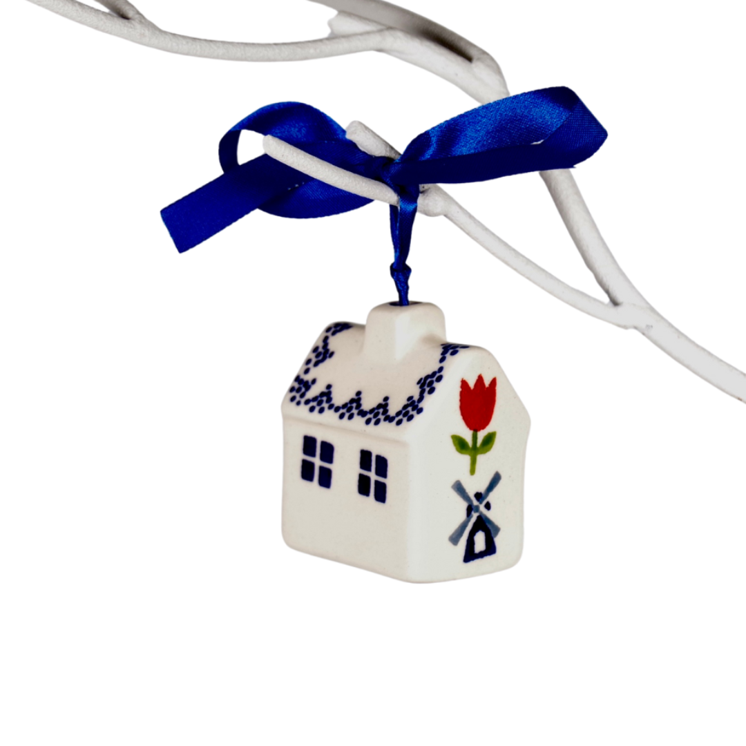 Kersthanger huisje - molen blauw met rode tulp