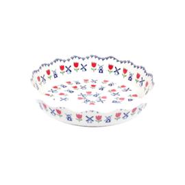 Ovenschaal rond met golfrand 32cm - molen blauw met rode tulp