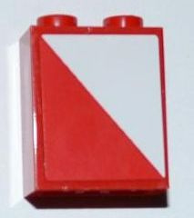 Brick 1 x 2 x 2 with Inside Axle Holder with Red and White Diagonal Halves Pattern Model Right Side (Sticker) - Set 3182