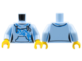 Torso Female Hoodie with White Laces, Blue Scrollwork, Kangaroo Pocket and Back Print Pattern / Bright Light Blue Arms / Yellow Hands