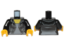 Torso Female Leather Jacket Open with Pockets and Silver Buttons and Zipper over Shirt with White Stripes, Yellow Neck Pattern / Black Arms / Yellow Hands