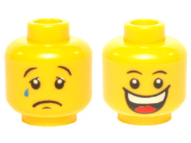 Minifigure, Head Dual Sided Huge Grin, White Pupils, Eyebrows / Sad with Tear, Convex Eyebrows Pattern - Hollow Stud