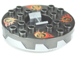 Turntable 6 x 6 x 1 1/3 Round Base Serrated with Pearl Dark Gray Top and Gold, Red and Black Pattern (Ninjago Spinner)