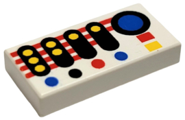 Tile 1 x 2 with Control Panel with Black, Blue, Red, and Yellow Buttons and Stripes Pattern