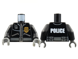 Torso Police Leather Jacket, Gold Badge, Radio, Belt with 'POLICE' Pattern on Back / Black Arms / Dark Bluish Gray Hands