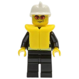 Fire - Reflective Stripes, Black Legs, White Fire Helmet, Orange Sunglasses, Life Jacket