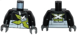 Torso Racing Jacket with Zipper and Lime, Silver and White 'XTREME' Pattern / Black Arms / Dark Bluish Gray Hands