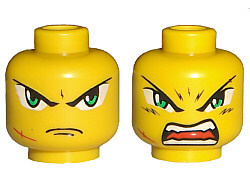 Minifigure, Head Dual Sided Exo-Force Green Eyes with Frown and Scar / Open Mouth Pattern (Takeshi) - Blocked Open Stud
