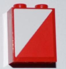 Brick 1 x 2 x 2 with Inside Axle Holder with Red and White Diagonal Halves Pattern Model Left Side (Sticker) - Set 3182