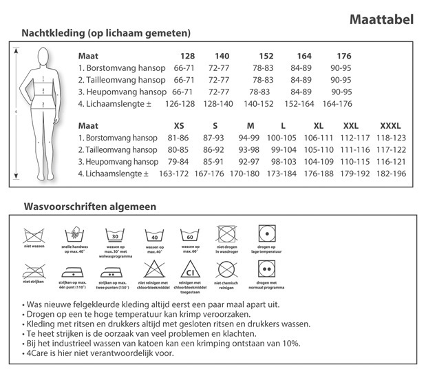 Maattabel voor hansop, smeerpak