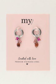 My jewellery oorbellen hoop roze en bruine steentjes zilver