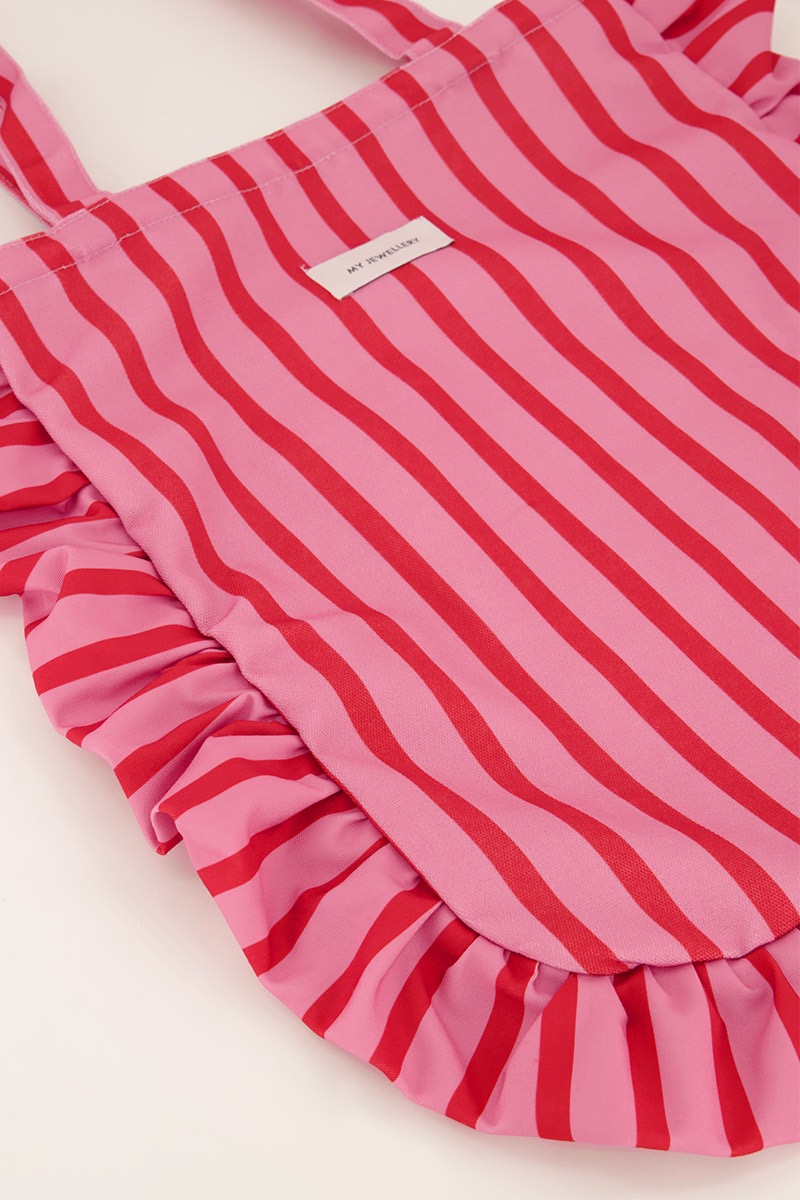 My Jewellery Roze & rood gestreepte shopper met ruffle