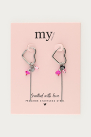 My Jewellery oorbellen Hartvormig met roze kralen zilver