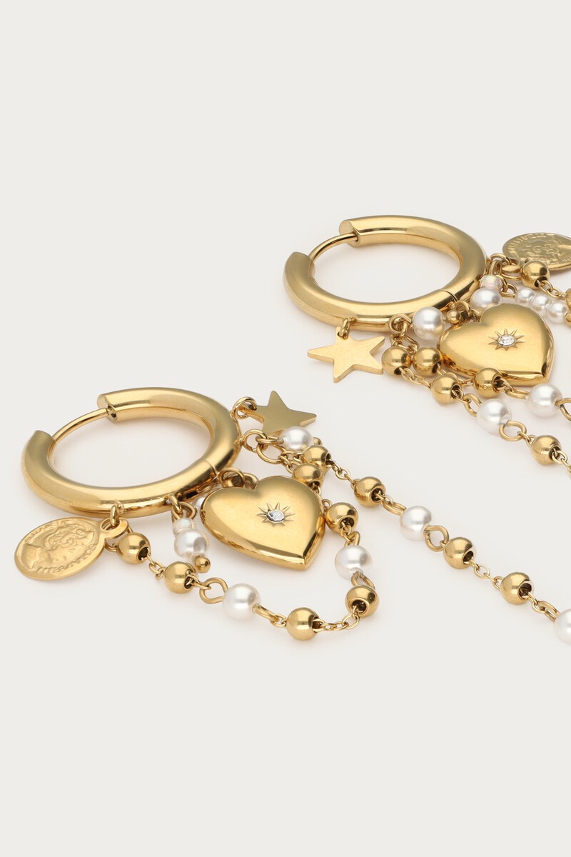 My jewellery Oorringen met hart & imitatieparel koordjes goud