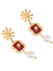 rose en camellia oorbellen hanger rood wit met parel