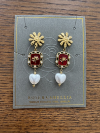 rose en camellia oorbellen hanger rood wit met parel