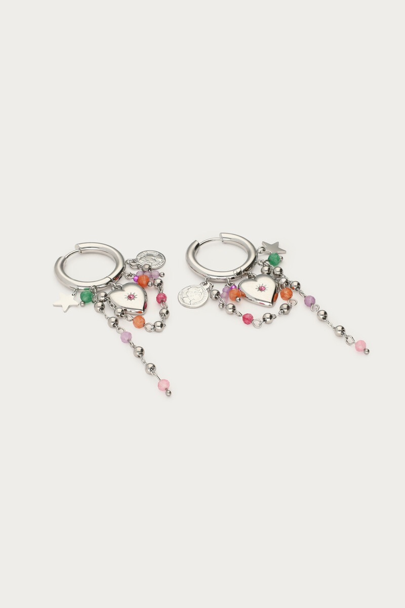 My jewellery Oorringen met hart & multikleur kralen koordjes zilver