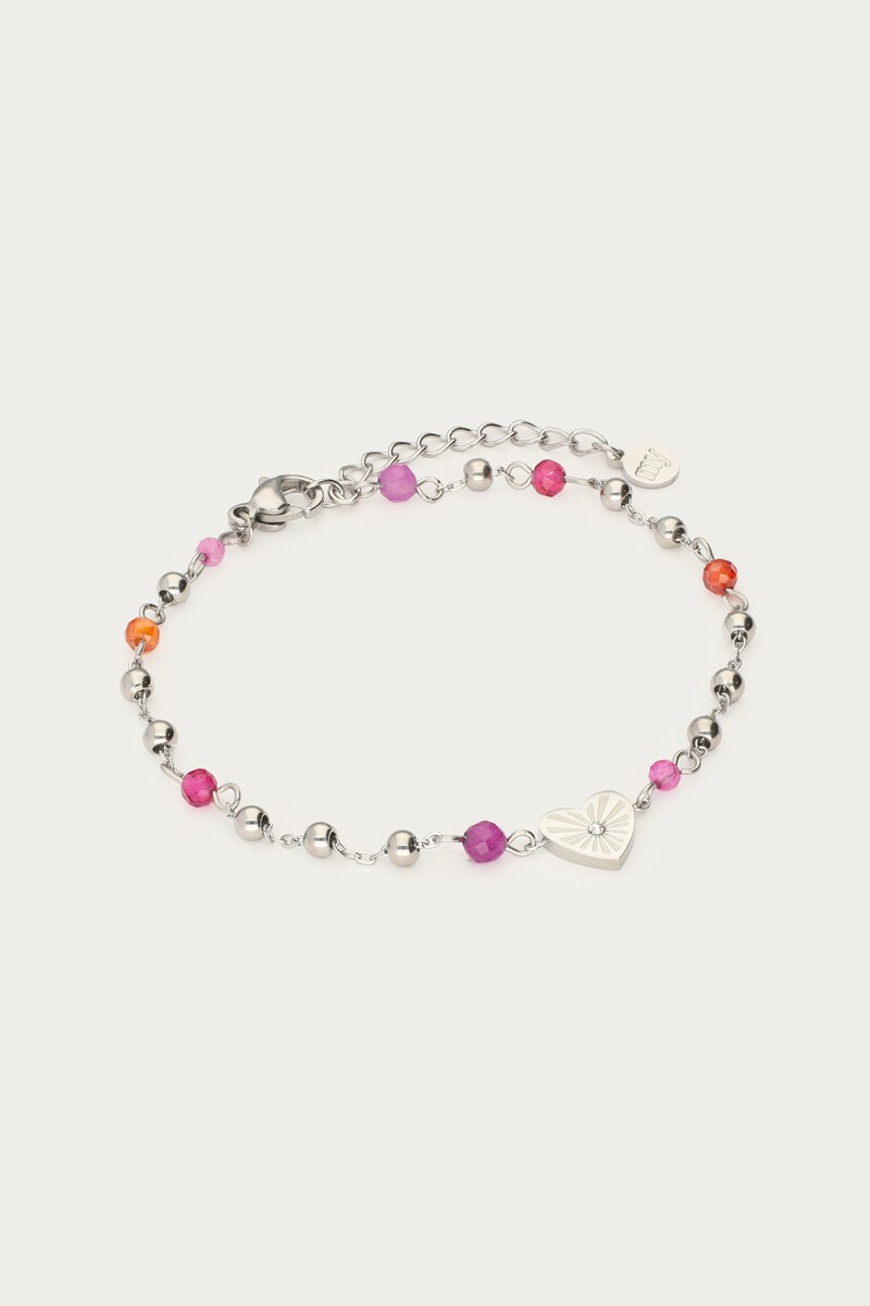 my jewellery Armband met hartjes hanger & paarse kralen zilver
