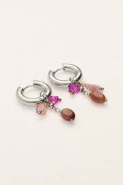 My jewellery oorbellen hoop roze en bruine steentjes zilver