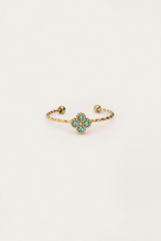My jewellery Minimalistische ring met klaver en licht blauwe strass verstelbaar