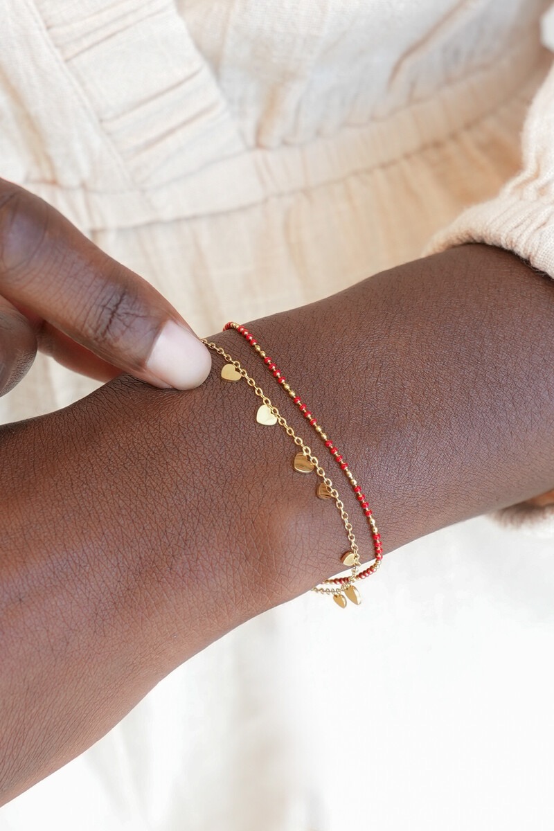 my jewellery Dubbele armband met hartjes en rode bolletjes
