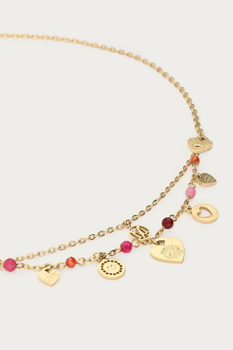 My jewellery Ketting bedels met hartjes, rode & roze kralen goud