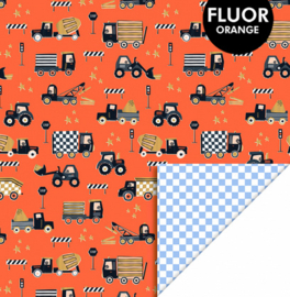 HOP  | Inpakpapier traffic fluor orange - check sky blue 70cm x 3m