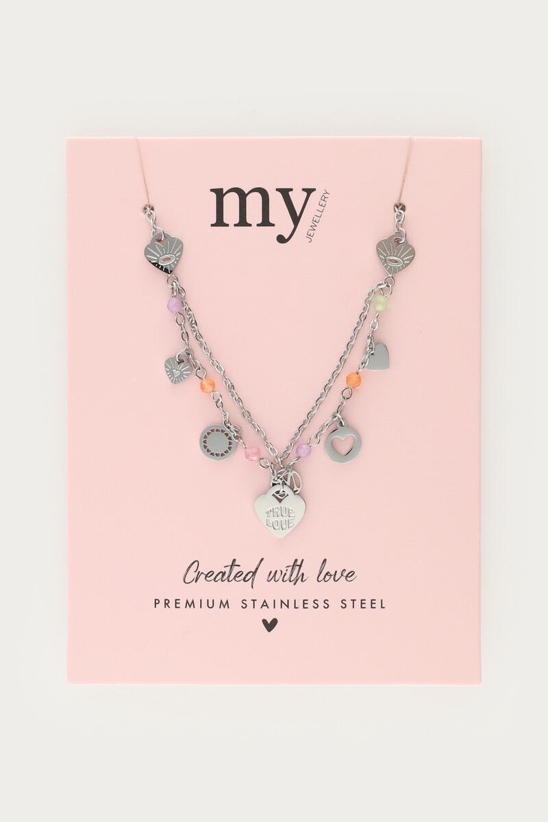 My jewellery Ketting bedels met hartjes & pastel kralen zilver