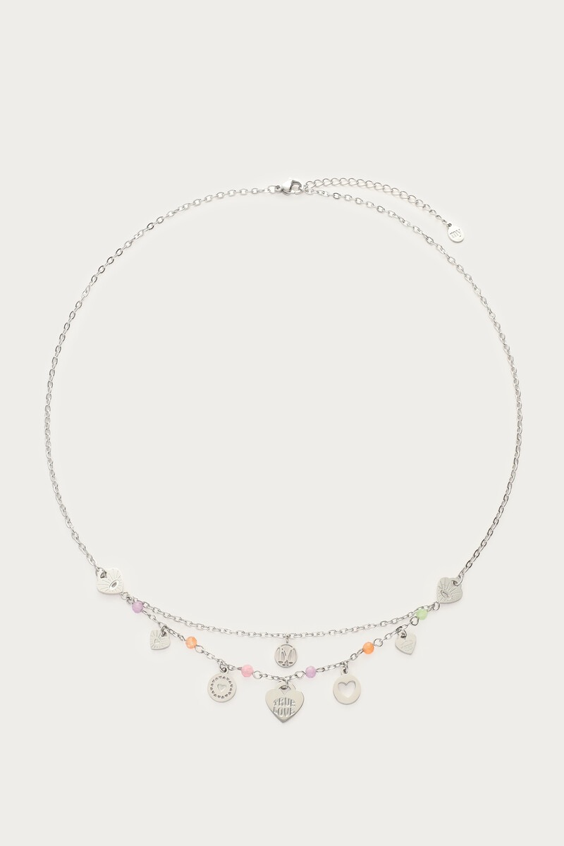 My jewellery Ketting bedels met hartjes & pastel kralen zilver