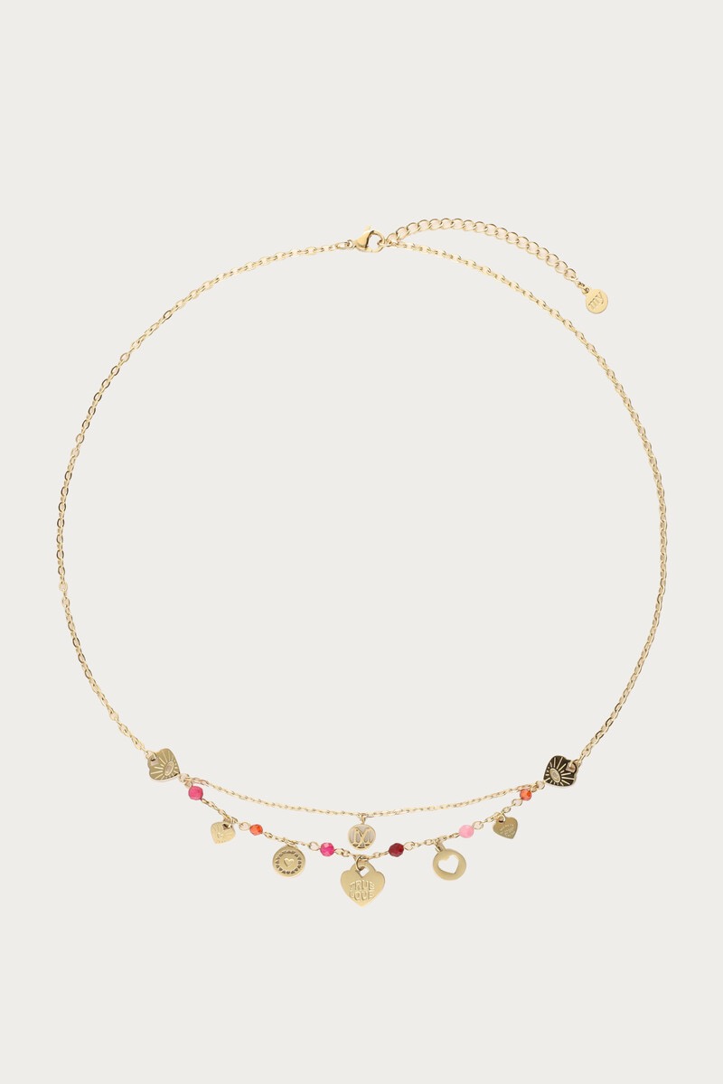 My jewellery Ketting bedels met hartjes, rode & roze kralen goud