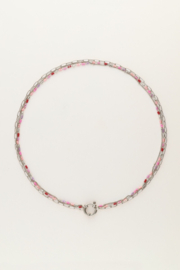 My jewellery Sunrocks driedubbele ketting met schakels & roze kralen zilver