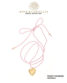 rose en camellia ketting choker koord paars met hart
