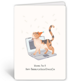 Wenskaart Enfant terrible kat op laptop
