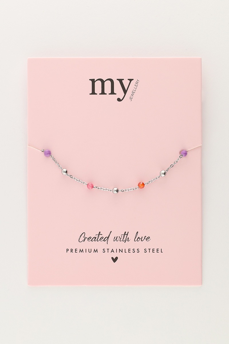 my jewellery Armband met roze en paarse kralen zilver