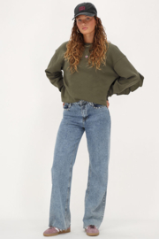 My Jewellery donkergroene sweater met ruffle en patch