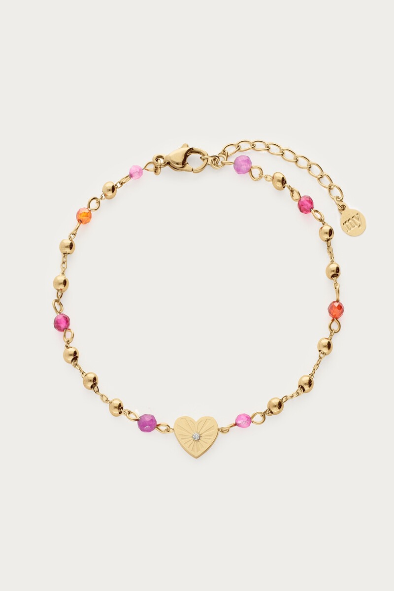 my jewellery Armband met hartjes hanger & paarse kralen goud