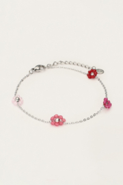 My jewellery Armband met roze en paarse bloemetjes zilver