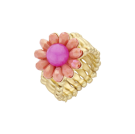 biba ring metaal en crystal kralen bloem fuchsia/coral