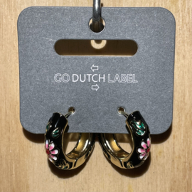 Go Dutch Label oorbellen | met gekleurde bloemen zwart.