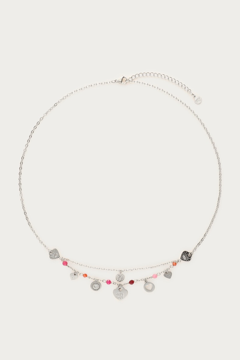 My jewellery Ketting bedels met hartjes, rode & roze kralen zilver