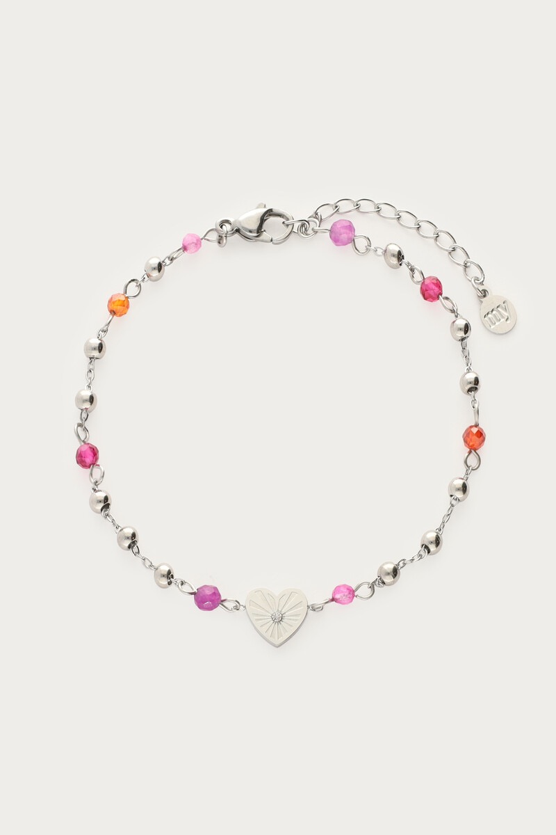 my jewellery Armband met hartjes hanger & paarse kralen zilver