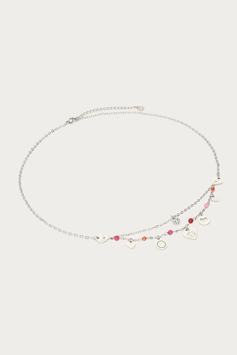 My jewellery Ketting bedels met hartjes, rode & roze kralen zilver
