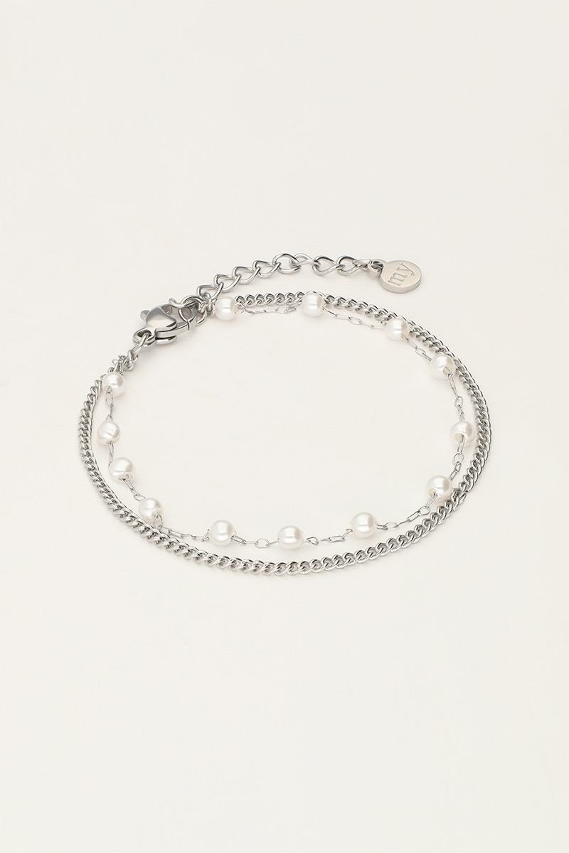 my jewellery Minimalistische dubbele armband met imitatieparels zilver