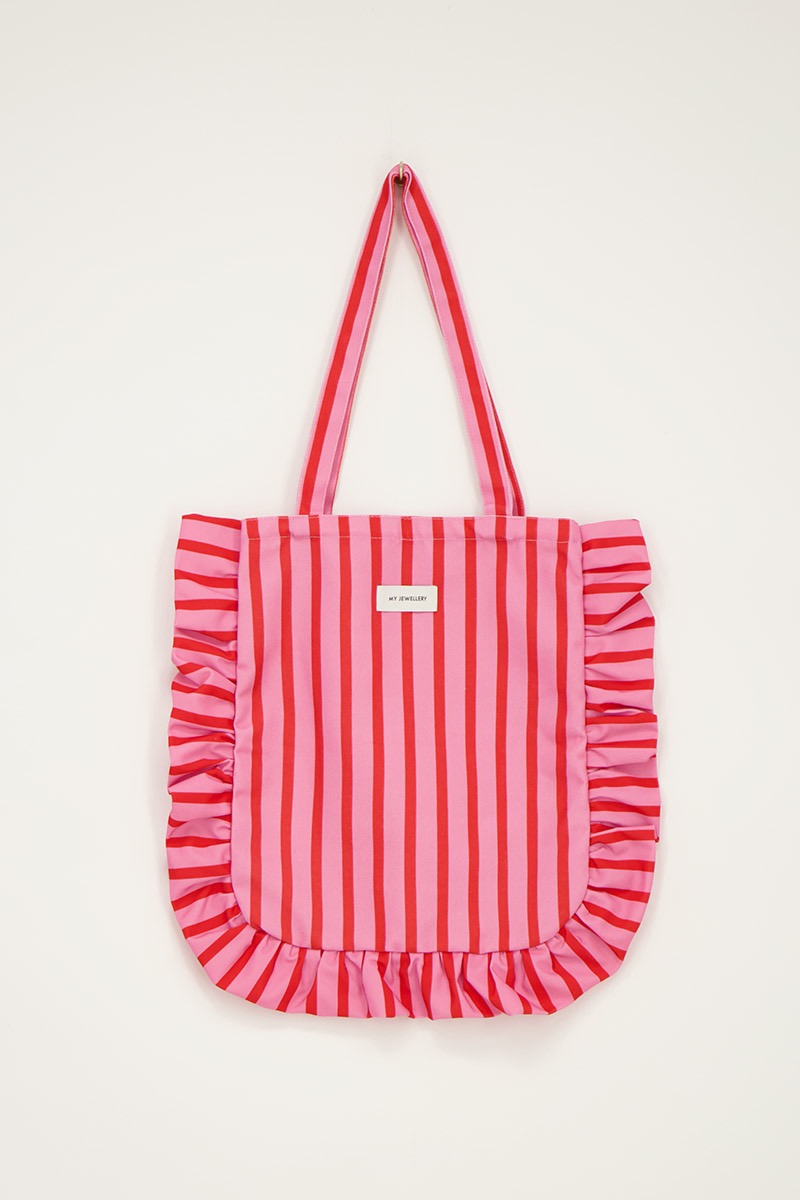 My Jewellery Roze & rood gestreepte shopper met ruffle