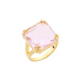 biba ring goud verstelbaar met grote steen vierkant roze