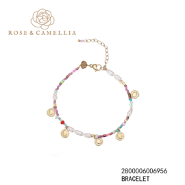 rose & camellia armband gekleurde kralen/parels en muntjes goud