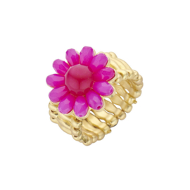 biba ring metaal en crystal kralen bloem fuchsia
