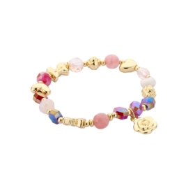 biba armband crystal met natuursteen kralen en bloemetjes bedel roze