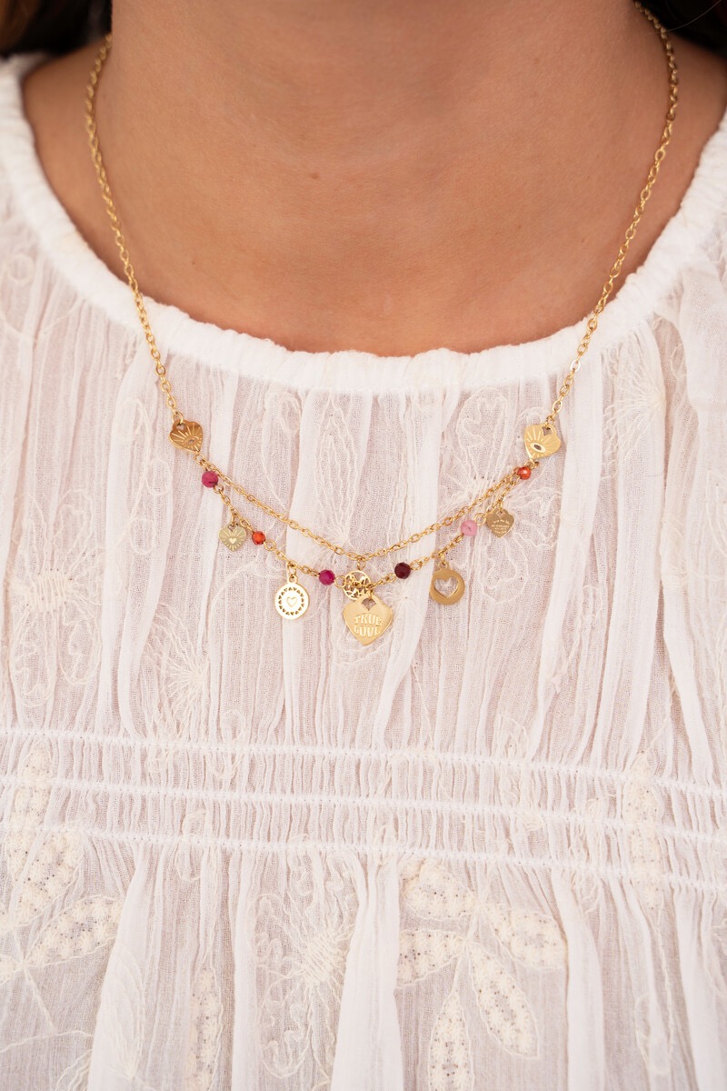 My jewellery Ketting bedels met hartjes, rode & roze kralen goud